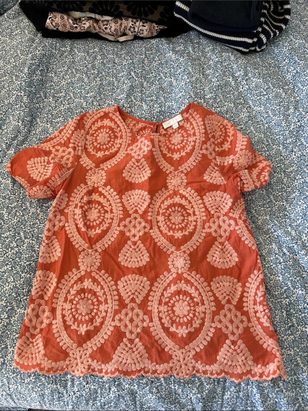 Embroidered Coral Short-Sleeve Women's Blouse